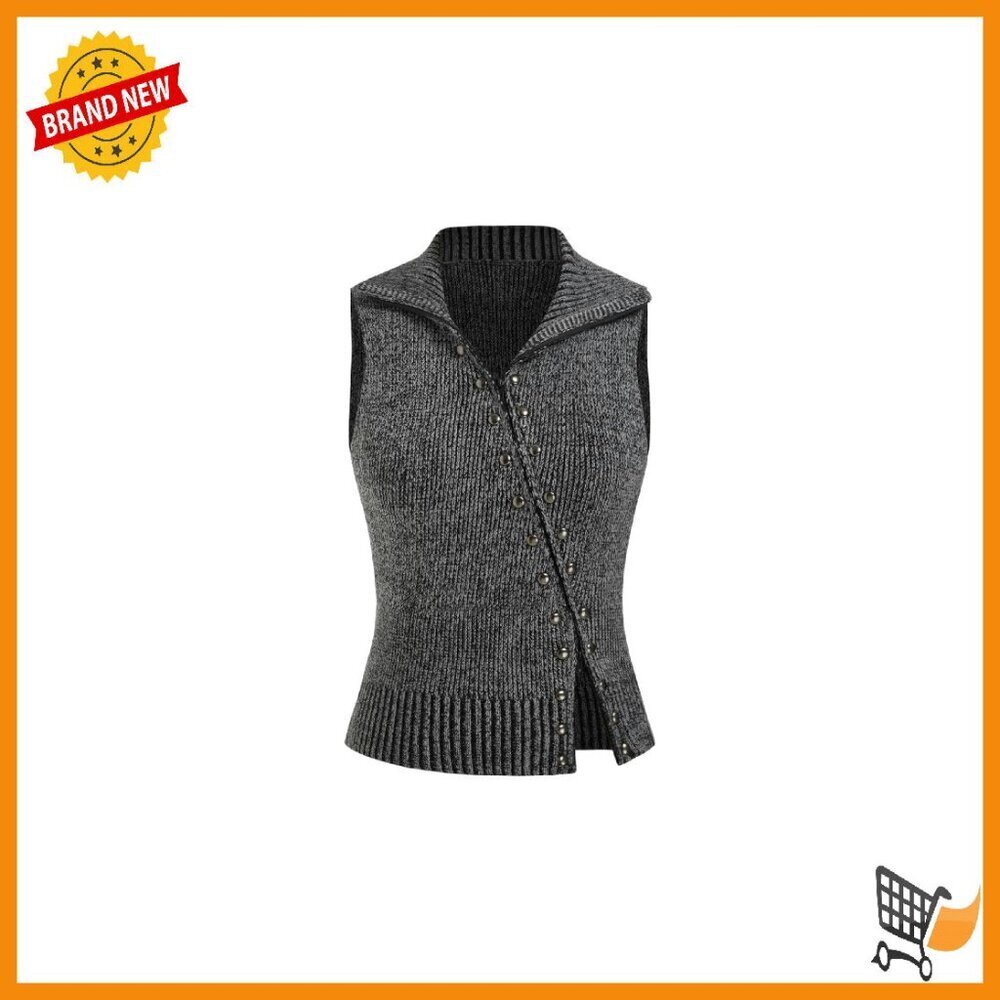Cropped Zip-Up Sweater Vest with Rivet Details, Knit Fabric